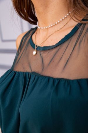 Летняя шифоновая блуза, с сеткой темно-зеленого цвета, 172R015 — изображение 5