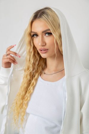 Кофта женская на молнии с капюшоном, цвет молочный, 238R104 — изображение 5