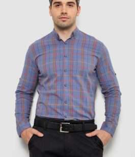 Рубашка мужская в клеточку, цвет джинс, 214R1255