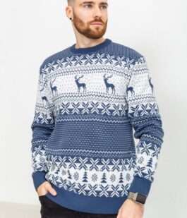 Свитер мужской с оленями, цвет джинс, 161R712