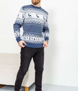 Свитер мужской с оленями, цвет джинс, 161R712
