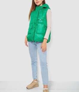 Жилет женский однотонный с капюшоном, цвет зеленый, 244R810