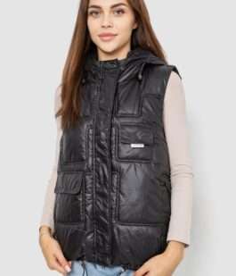 Жилет женский однотонный с капюшоном, цвет черный, 244R810