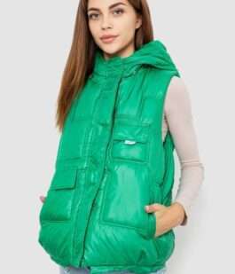 Жилет женский однотонный с капюшоном, цвет зеленый, 244R810