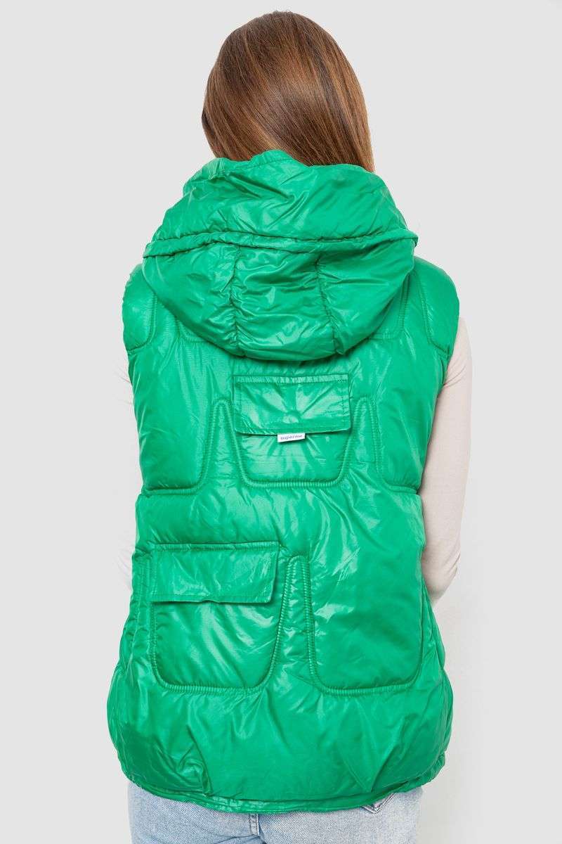 Жилет женский однотонный с капюшоном, цвет зеленый, 244R810 — изображение 4