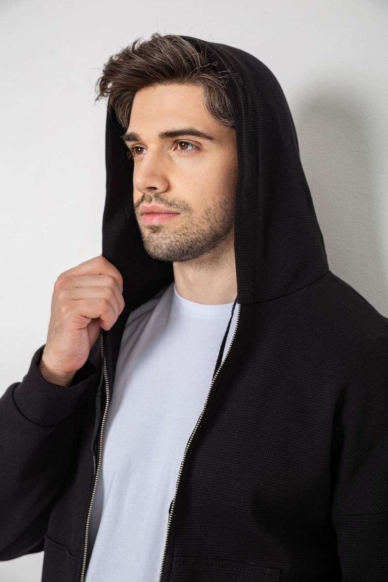 Кофта мужская на молнии с капюшоном, цвет черный, 238R103 — изображение 7