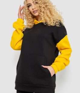 Худи женский трехнитка на флисе, цвет черно-желтый, 102R364-1