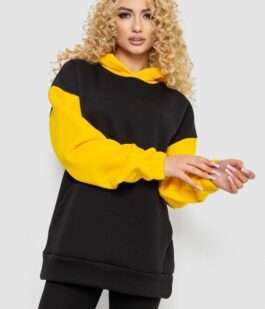 Худи женский трехнитка на флисе, цвет черно-желтый, 102R364-1