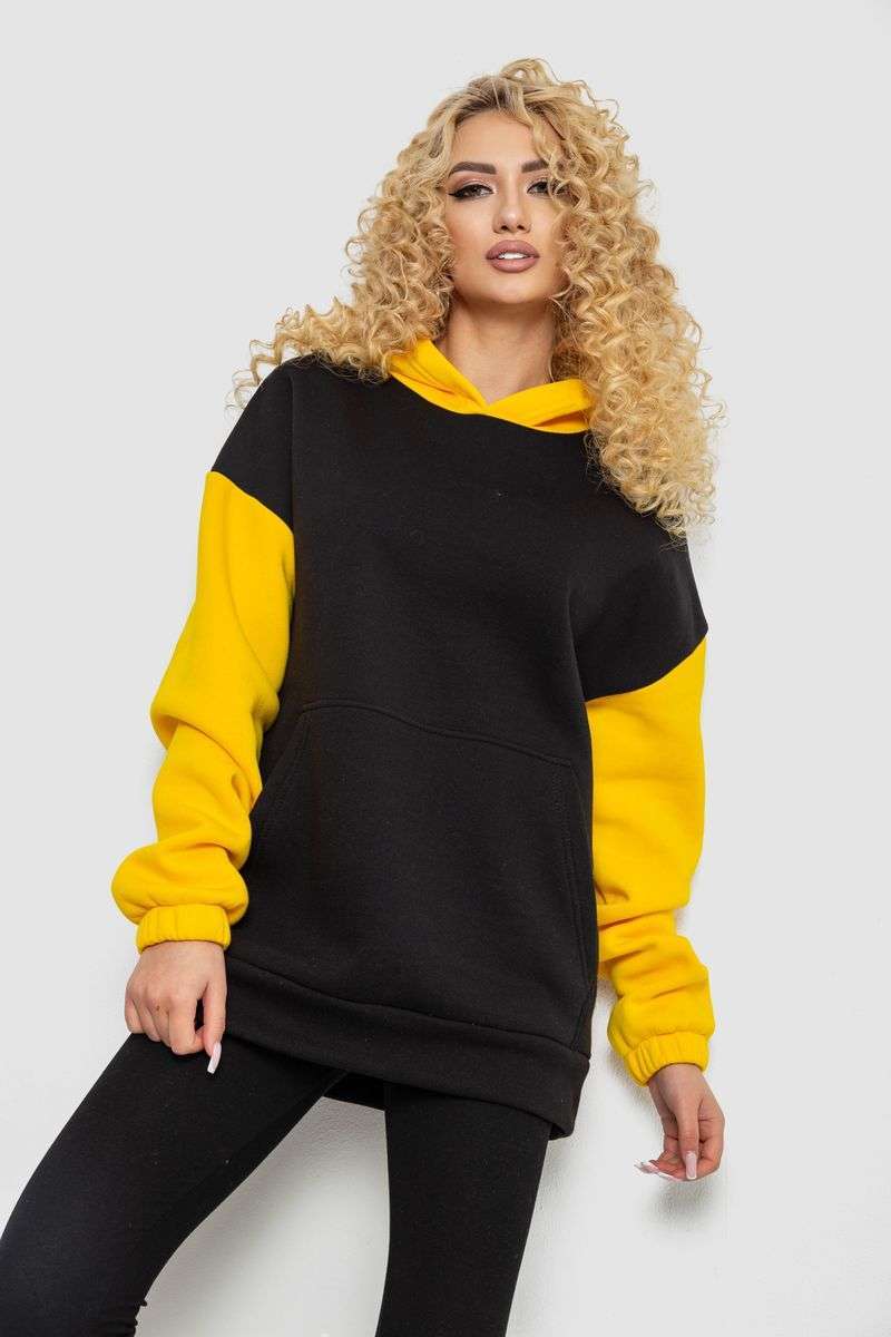 Худи женский трехнитка на флисе, цвет черно-желтый, 102R364-1 — изображение 4