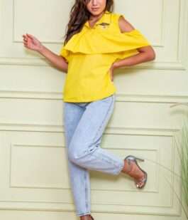 Нарядная блуза с рюшей, желтого цвета, 172R23-1