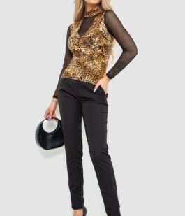 Лонгслив женский с рукавом в сетку, цвет коричнево-черный, 186RG400