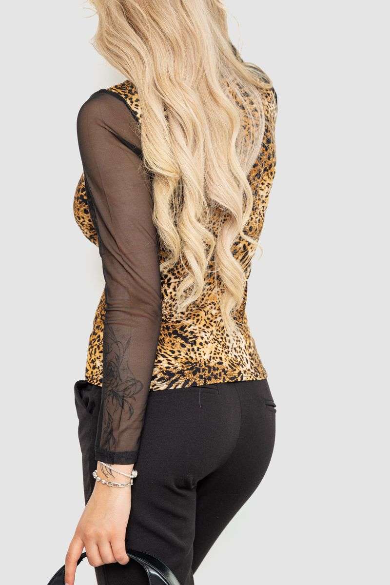 Лонгслив женский с рукавом в сетку, цвет коричнево-черный, 186RG400 — изображение 4