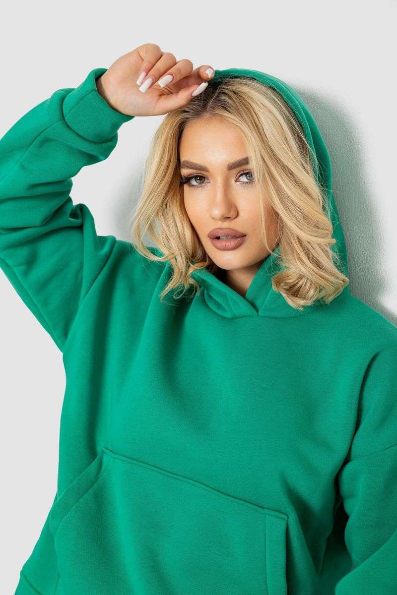 Худи женский на флисе, цвет зеленый, 177R057 — изображение 5
