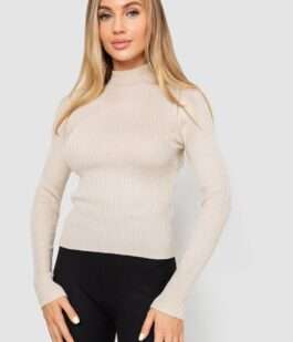 Водолазка женская в рубчик, цвет светло-бежевый, 214R91306