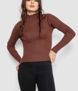 Водолазка женская в рубчик, цвет темно-коричневый, 214R91306