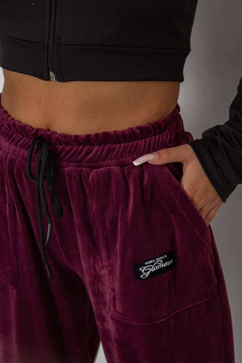 Спортивные штаны велюровые женские на флисе, цвет бордовый, 238R58649-1 — изображение 5