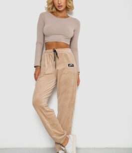 Спортивные штаны велюровые женские на флисе, цвет светло-бежевый, 238R58649-1