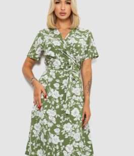 Платье софт на запах с принтом, цвет оливковый, 230R0107