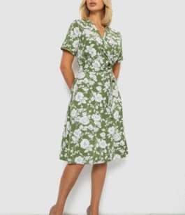 Платье софт на запах с принтом, цвет оливковый, 230R0107