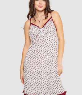 Ночная рубашка на брительках с принтом, цвет бело-бордовый, 219RTA-336