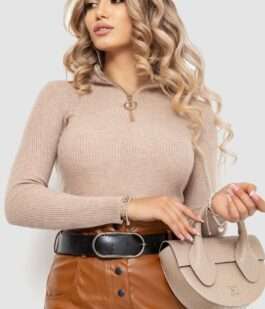 Женская кофта на молнии в рубчик, цвет бежевый, 204R041