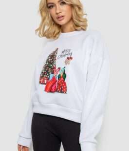 Батник женский на флисе с новогодним принтом, цвет белый, 241R4002