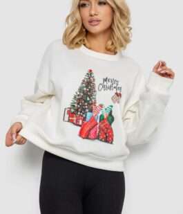 Батник женский на флисе с новогодним принтом, цвет молочный, 241R4002