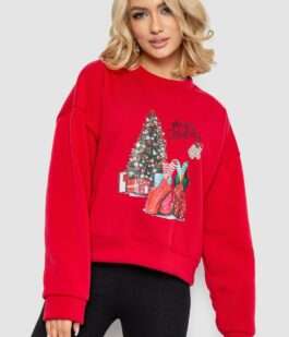 Батник женский на флисе с новогодним принтом, цвет красный, 241R4002