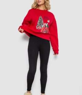 Батник женский на флисе с новогодним принтом, цвет красный, 241R4002