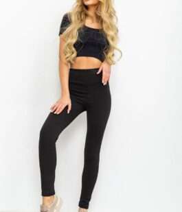 Лосины однотонные в рубчик утепленные на флисе, цвет черный, 238R605-1