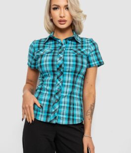 Рубашка женская в клетку, цвет бирюзовый, 230R065