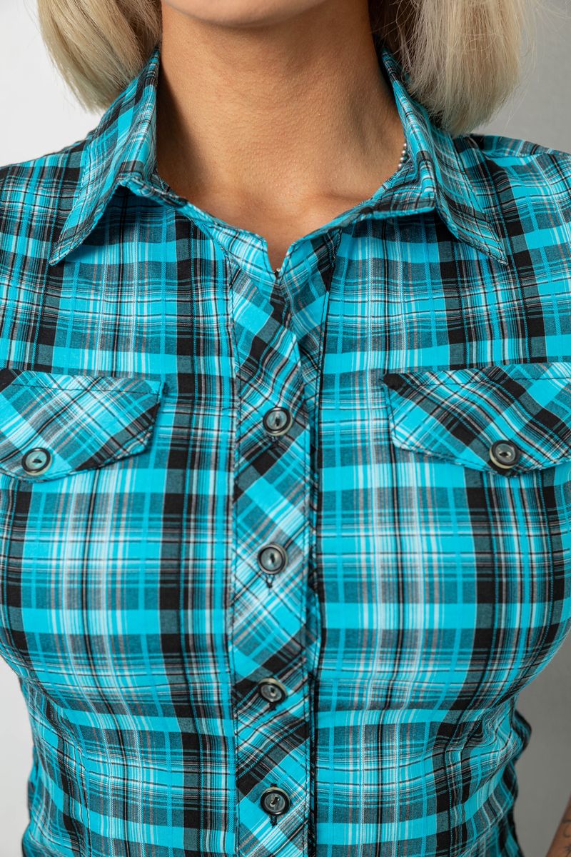 Рубашка женская в клетку, цвет бирюзовый, 230R065 — изображение 5