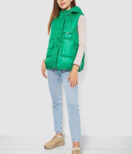 Жилет женский однотонный с капюшоном, цвет зеленый, 244R810