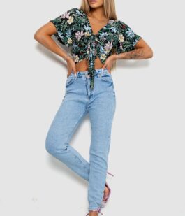 Блуза-топ с цветочным принтом, цвет черно-зеленый, 244R292