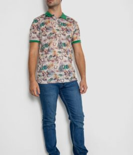 Поло мужское с принтом, цвет бежево-зеленый, 247R314