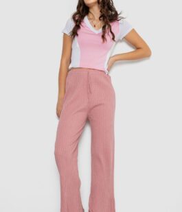 Штаны женские свободного кроя в рубчик, цвет пудровый, 220R017