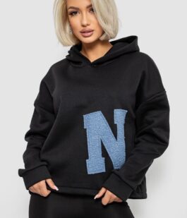 Худи женский с капюшоном на флисе, цвет черный, 257R335