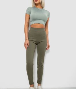 Лосины женские однотонные в рубчик на флисе, цвет оливковый, 214R325