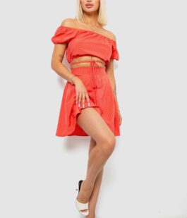 Костюм женский топ и юбка с принтом в горох, цвет коралловый, 257R758-1