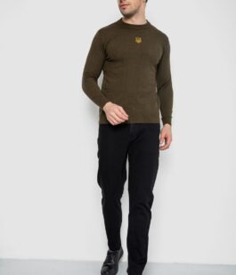 Свитер мужской однотонный с вышивкой трезубец, цвет хаки, 161R008